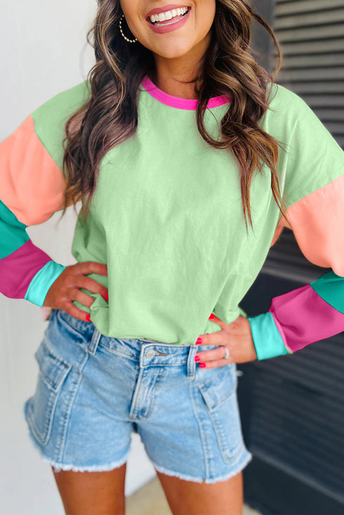 Soft Contrast Sleeve Crew Neck Pullover Top