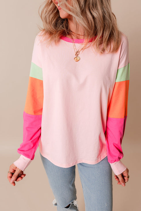 Soft Contrast Sleeve Crew Neck Pullover Top