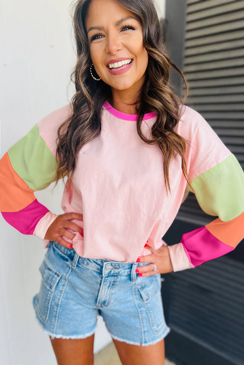 Soft Contrast Sleeve Crew Neck Pullover Top
