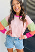 Soft Contrast Sleeve Crew Neck Pullover Top