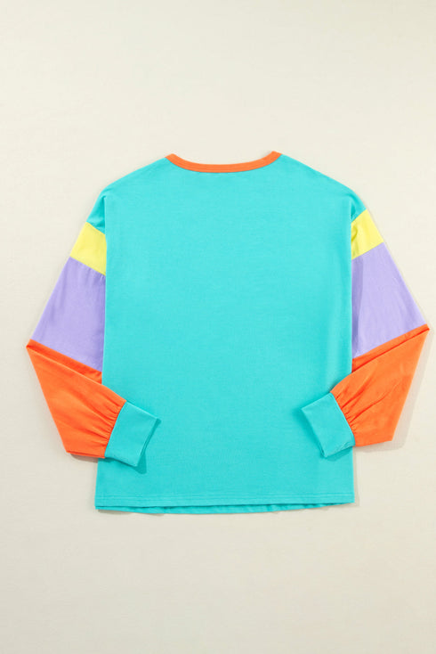 Soft Contrast Sleeve Crew Neck Pullover Top