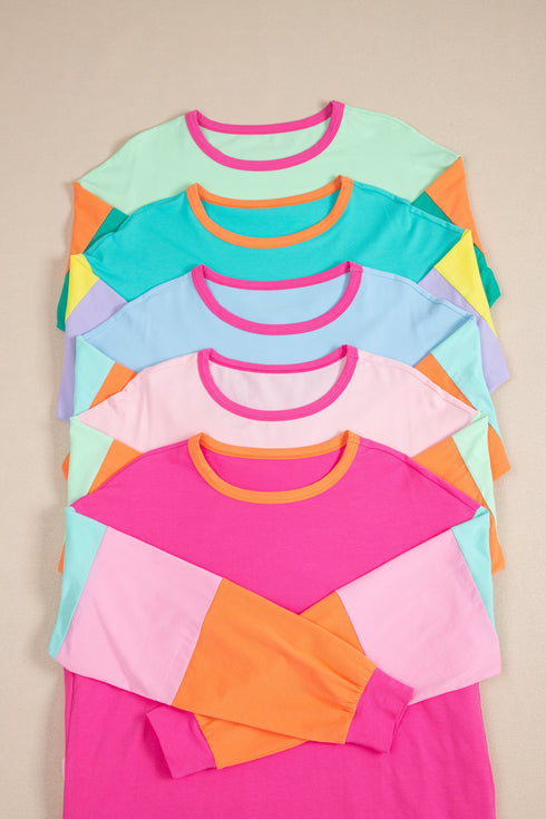Soft Contrast Sleeve Crew Neck Pullover Top