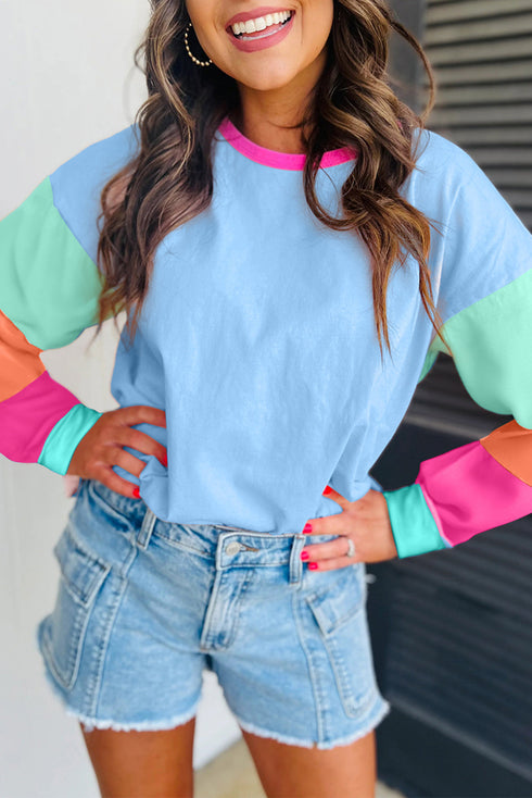 Soft Contrast Sleeve Crew Neck Pullover Top