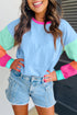Soft Contrast Sleeve Crew Neck Pullover Top