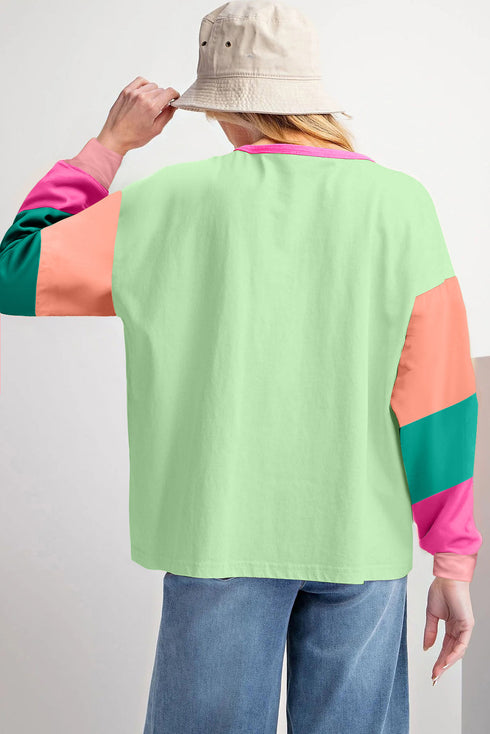 Soft Contrast Sleeve Crew Neck Pullover Top