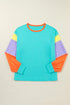 Soft Contrast Sleeve Crew Neck Pullover Top