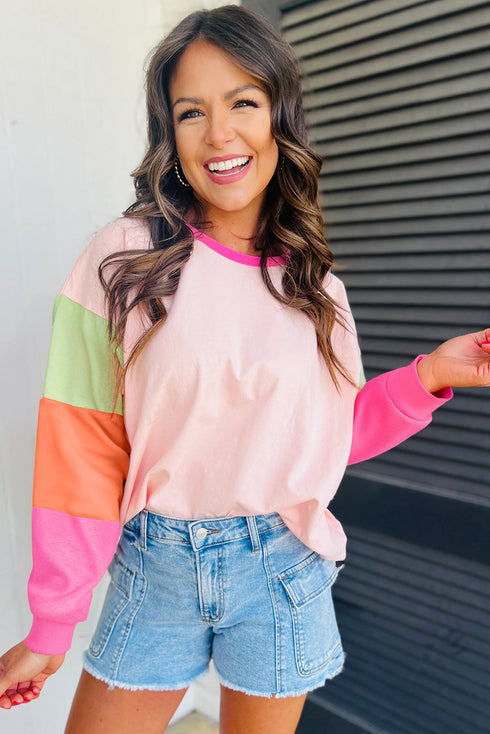 Soft Contrast Sleeve Crew Neck Pullover Top