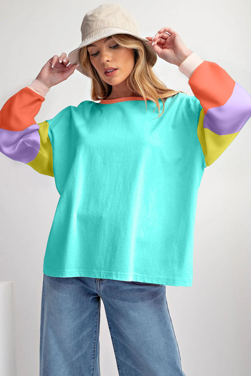 Soft Contrast Sleeve Crew Neck Pullover Top