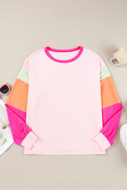 Soft Contrast Sleeve Crew Neck Pullover Top