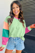 Soft Contrast Sleeve Crew Neck Pullover Top