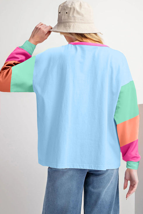 Soft Contrast Sleeve Crew Neck Pullover Top