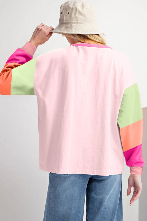 Soft Contrast Sleeve Crew Neck Pullover Top