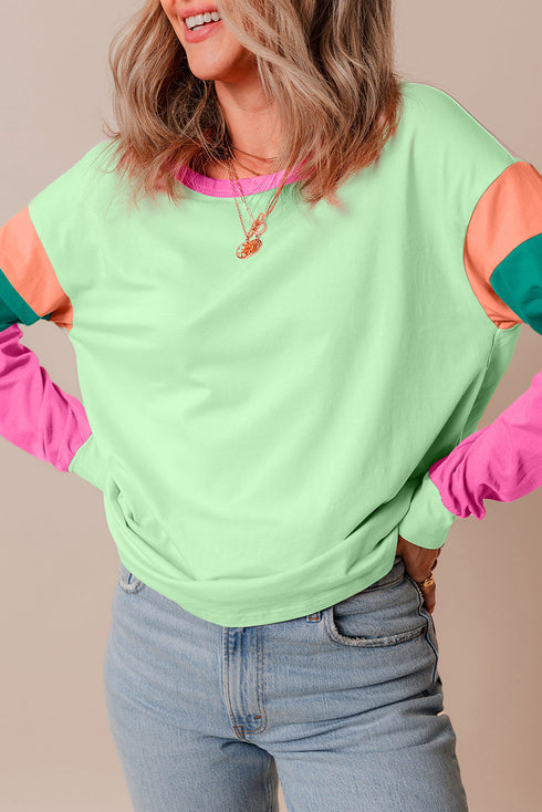 Soft Contrast Sleeve Crew Neck Pullover Top