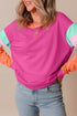 Soft Contrast Sleeve Crew Neck Pullover Top