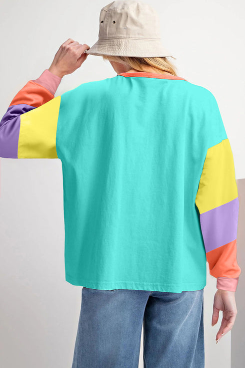 Soft Contrast Sleeve Crew Neck Pullover Top