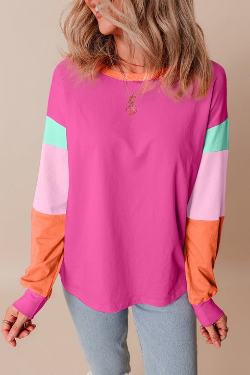 Soft Contrast Sleeve Crew Neck Pullover Top