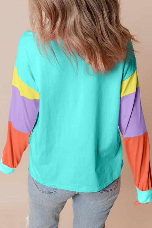 Soft Contrast Sleeve Crew Neck Pullover Top
