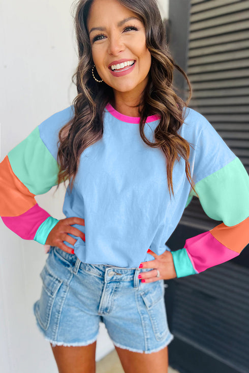 Soft Contrast Sleeve Crew Neck Pullover Top