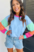 Soft Contrast Sleeve Crew Neck Pullover Top