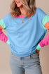 Soft Contrast Sleeve Crew Neck Pullover Top