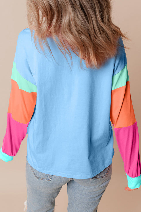 Soft Contrast Sleeve Crew Neck Pullover Top