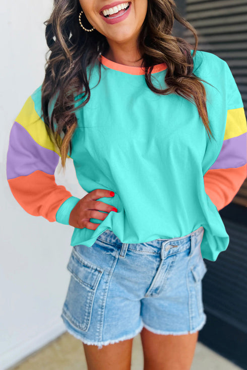 Soft Contrast Sleeve Crew Neck Pullover Top