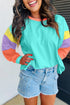 Soft Contrast Sleeve Crew Neck Pullover Top