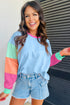 Soft Contrast Sleeve Crew Neck Pullover Top
