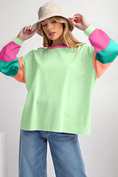 Soft Contrast Sleeve Crew Neck Pullover Top