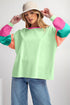 Soft Contrast Sleeve Crew Neck Pullover Top