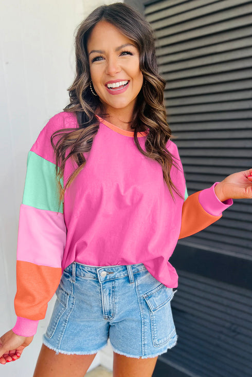 Soft Contrast Sleeve Crew Neck Pullover Top
