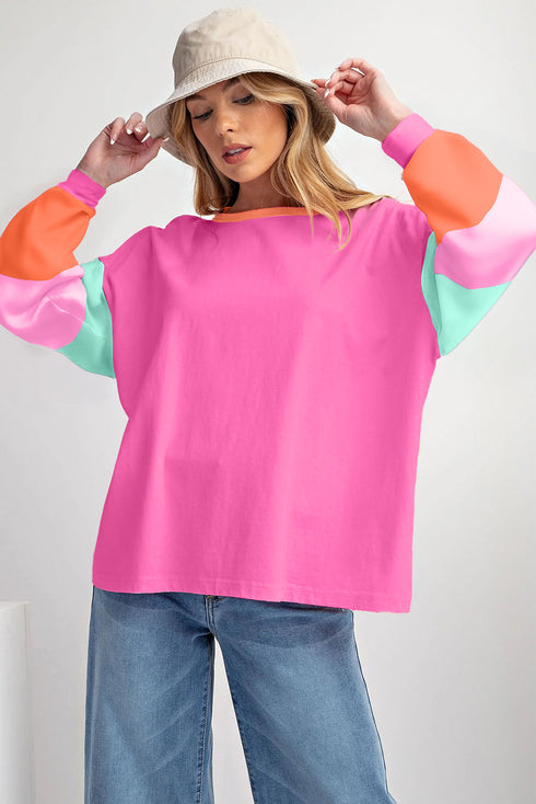 Soft Contrast Sleeve Crew Neck Pullover Top