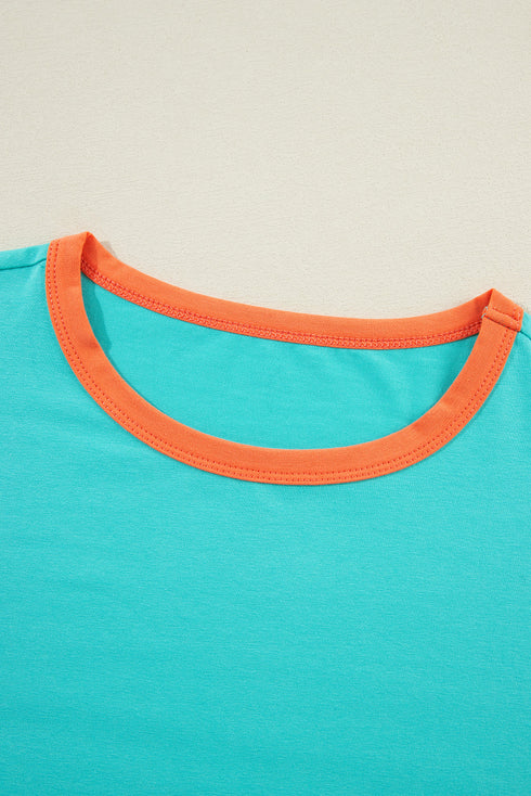 Soft Contrast Sleeve Crew Neck Pullover Top