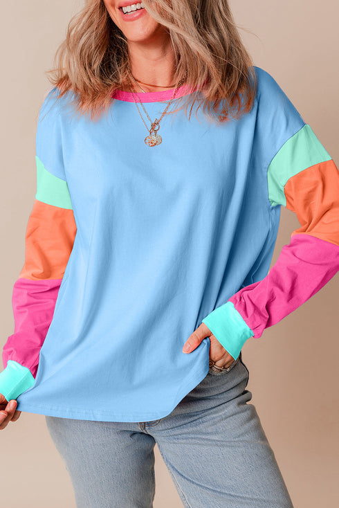 Soft Contrast Sleeve Crew Neck Pullover Top