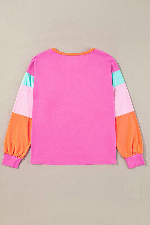 Soft Contrast Sleeve Crew Neck Pullover Top