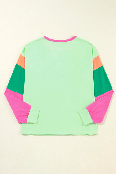 Soft Contrast Sleeve Crew Neck Pullover Top