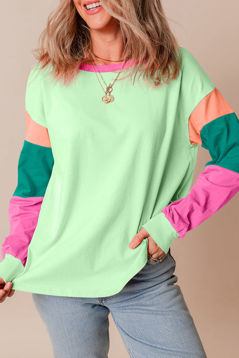 Soft Contrast Sleeve Crew Neck Pullover Top