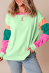Soft Contrast Sleeve Crew Neck Pullover Top