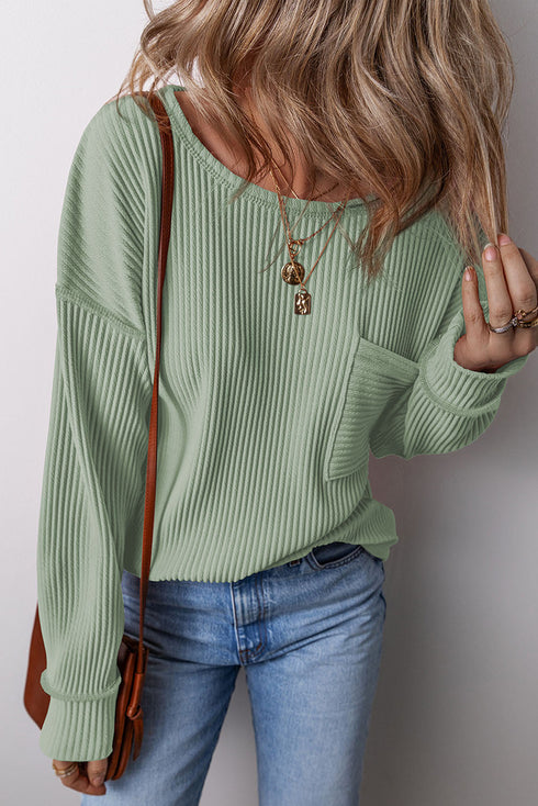 Soft Corded Texture Drop Shoulder Long Sleeve Top