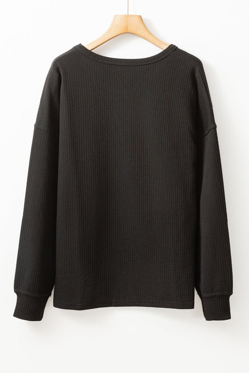 Soft Corded Texture Drop Shoulder Long Sleeve Top