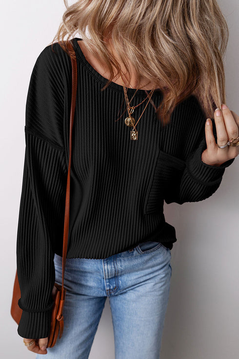 Soft Corded Texture Drop Shoulder Long Sleeve Top