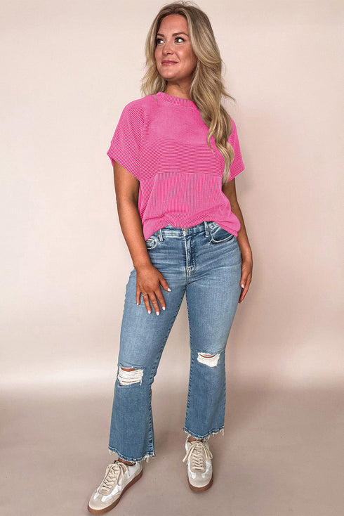 Soft Corded Texture Mock Neck Short Sleeve Top