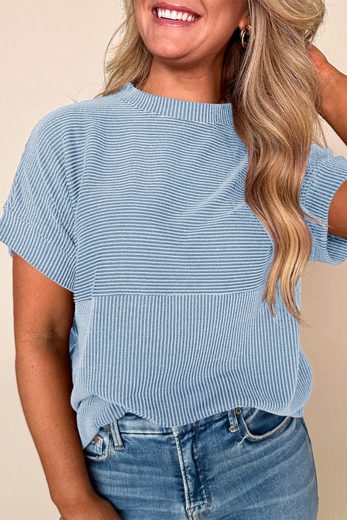 Soft Corded Texture Mock Neck Short Sleeve Top