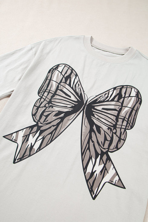 Soft Cotton Blend Bow Graphic Oversized Drop Shoulder Tee