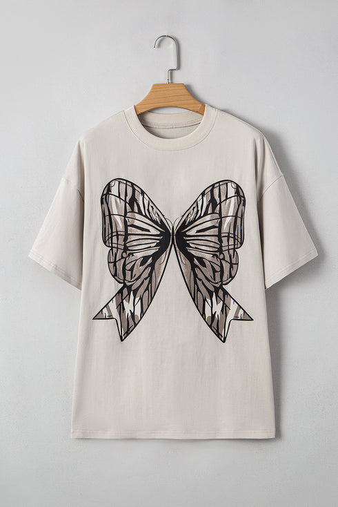 Soft Cotton Blend Bow Graphic Oversized Drop Shoulder Tee