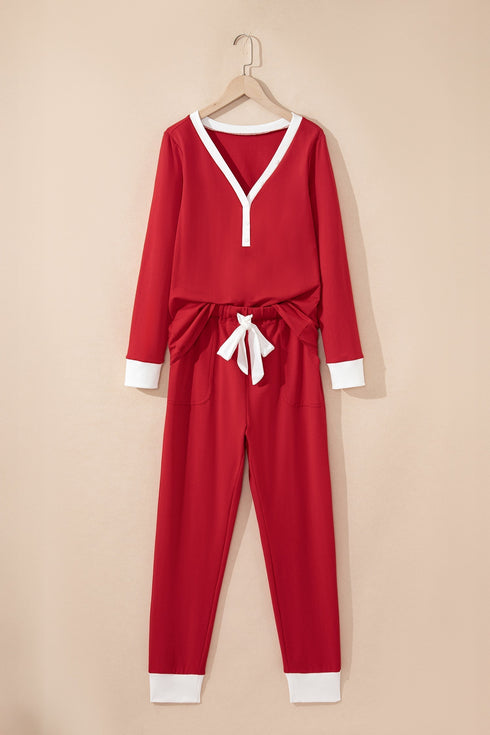 Soft Cotton Blend Button V Neck Bow Detail Lounge Set