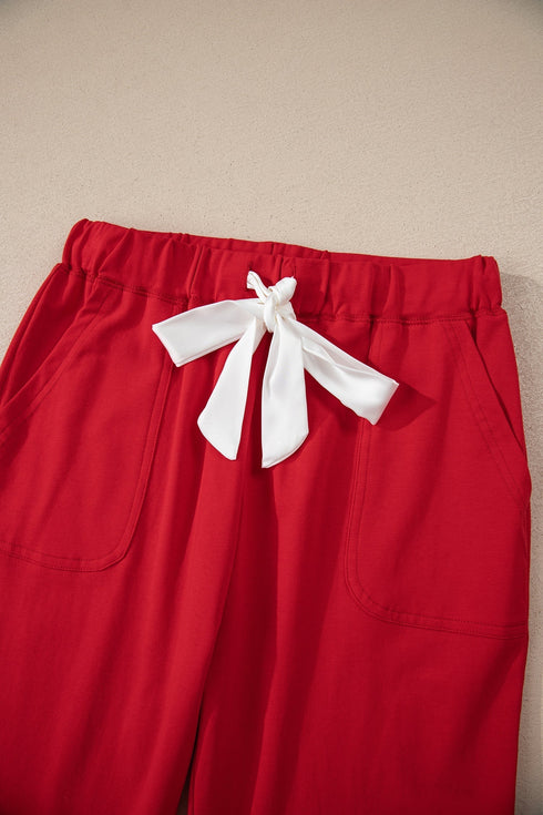 Soft Cotton Blend Button V Neck Bow Detail Lounge Set