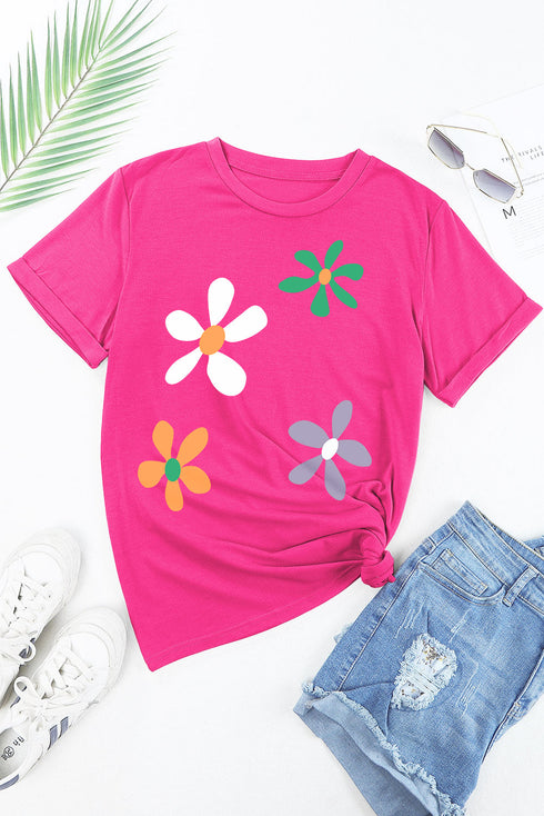 Soft Cotton Blend Floral Graphic Crew Neck Tee