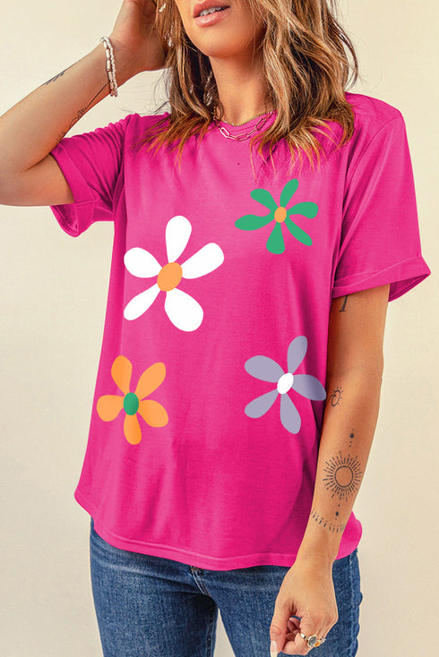 Soft Cotton Blend Floral Graphic Crew Neck Tee
