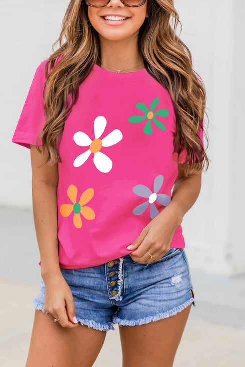 Soft Cotton Blend Floral Graphic Crew Neck Tee